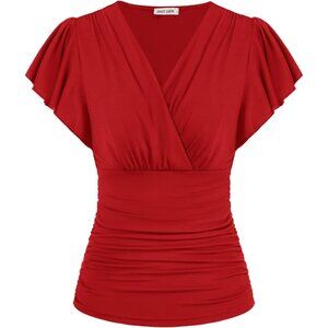 Women's Tops Summer Elegant Wrap Blouse V Neck Long Sleeve Casual Ruched Top